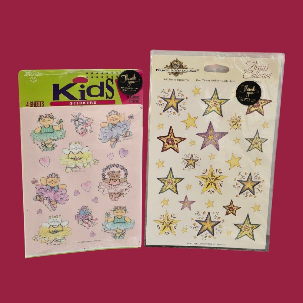 1989 Hallmark Dancing Cats Tutu Vintage Stickers PSX Artist Hand-Painted Stars